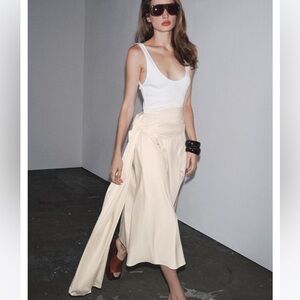 Zara NWT Classic Cream Midi Dress with attached ribbed tank attached sash size M